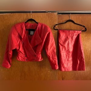 Vintage Michael Hoban North Beach Red Leather cropped jacket skirt set 3/4